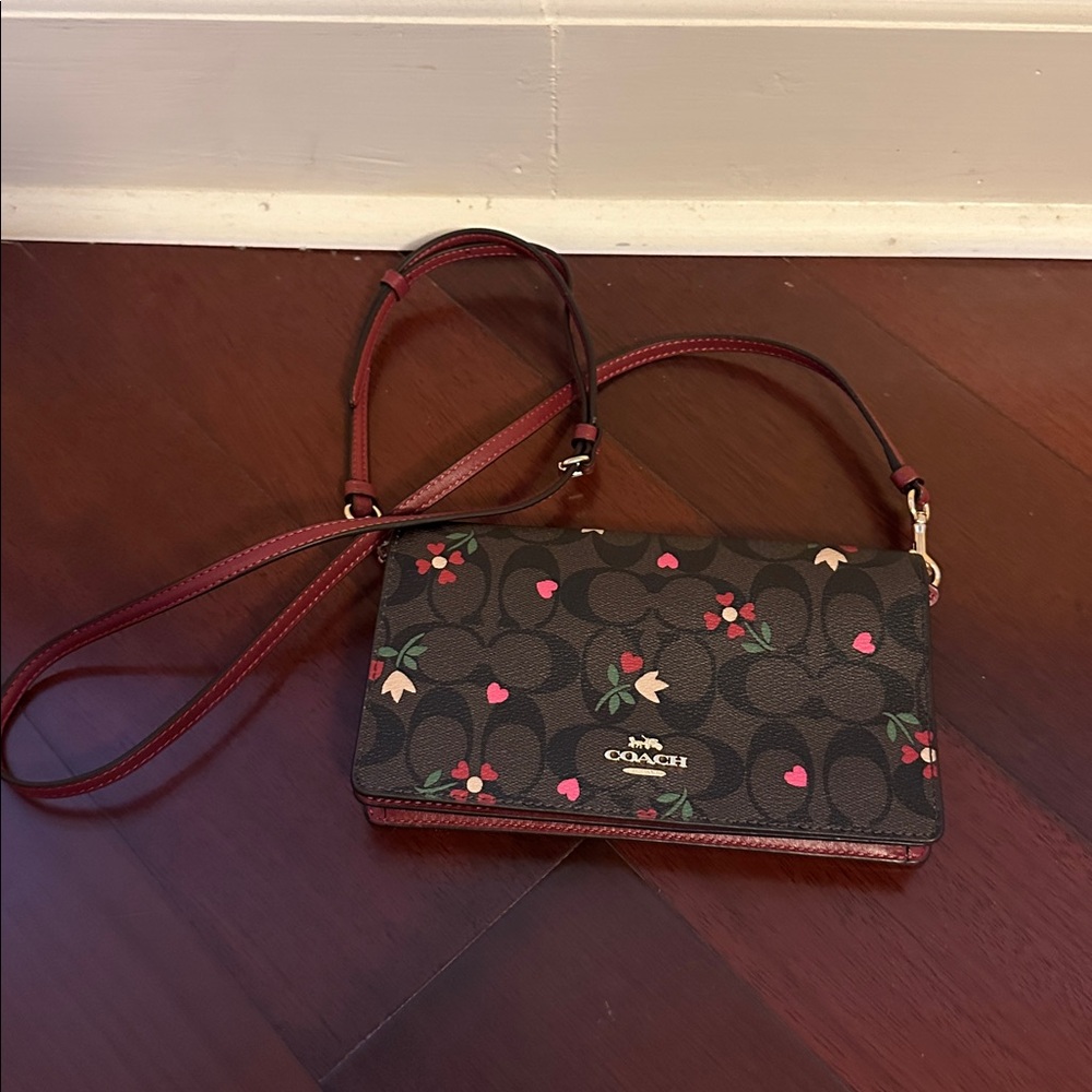 Coach Brown and Red Floral Crossbody Bag